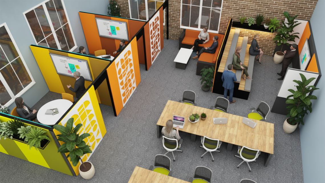 Morph is used here to build meeting rooms, tables, desks, tiered seating, breakout sofa and coffee table, presentation wall & planters - a complete office with every item sustainable and reusable.